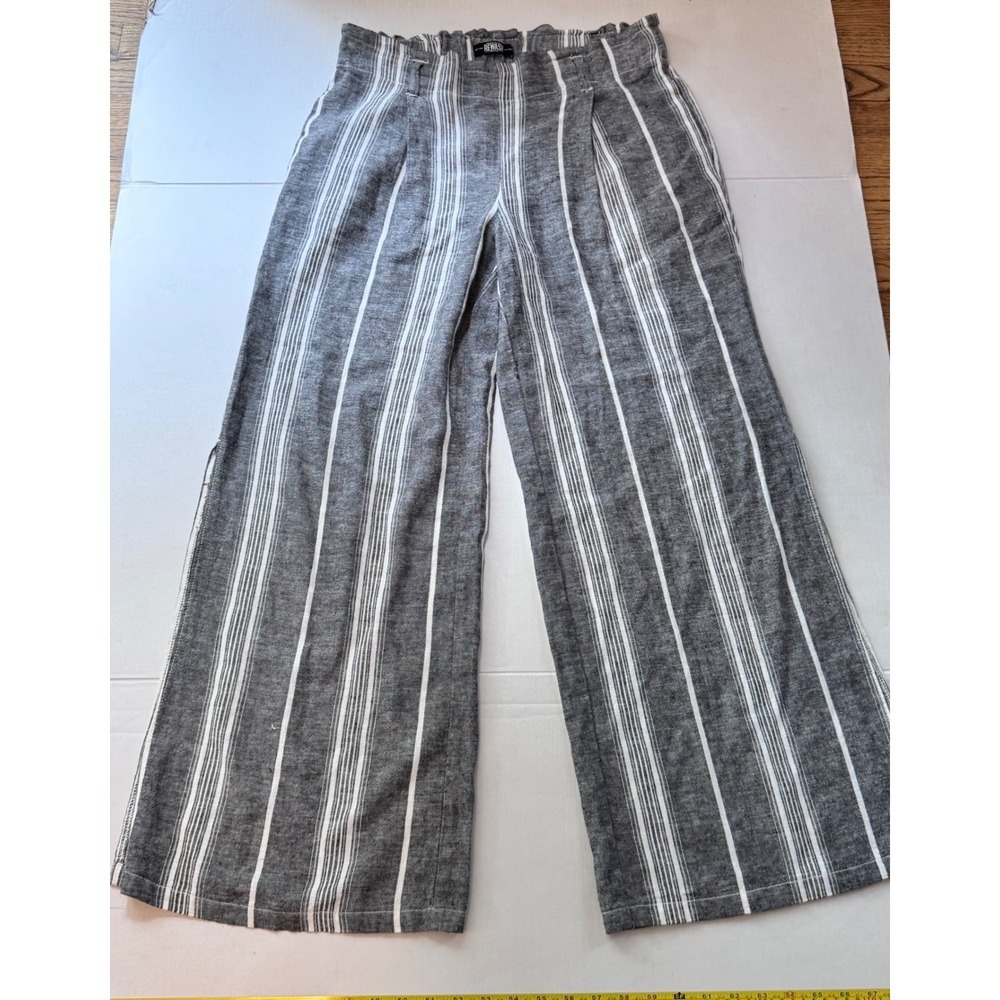 Rewash Brand Gray White Striped Wide Leg Linen Blend Side Slit Pants Large